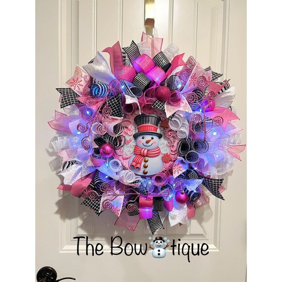 Handmade Bright Top Hat Snowman Holiday Ribbon Door Wreath 22 ins W68 Pink Black - Picture 1 of 12